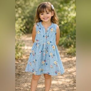 Carters Kid Girls Blue Striped Floral Sleeveless Button Front Dress Size 6 6X